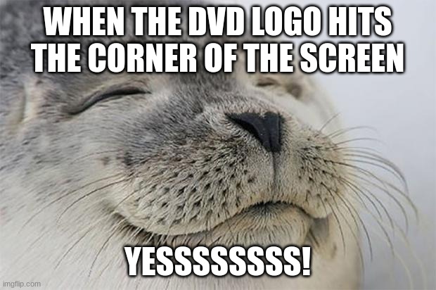 Satisfied Seal Meme | WHEN THE DVD LOGO HITS THE CORNER OF THE SCREEN; YESSSSSSSS! | image tagged in memes,satisfied seal | made w/ Imgflip meme maker