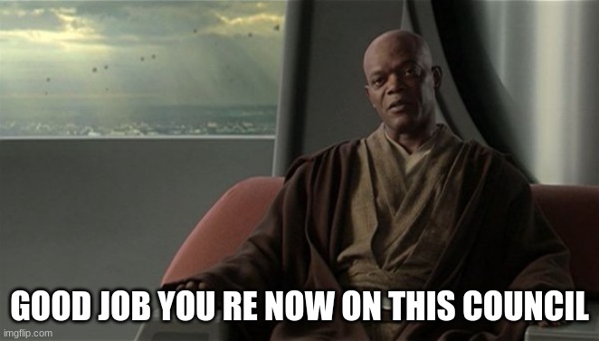 Mace Windu Jedi Council | GOOD JOB YOU RE NOW ON THIS COUNCIL | image tagged in mace windu jedi council | made w/ Imgflip meme maker