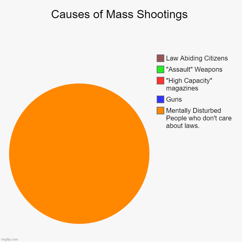 Causes of Mass Shootings | Causes of Mass Shootings | Mentally Disturbed People who don't care about laws., Guns, "High Capacity" magazines, "Assault" Weapons, Law Abi | image tagged in charts,pie charts | made w/ Imgflip chart maker