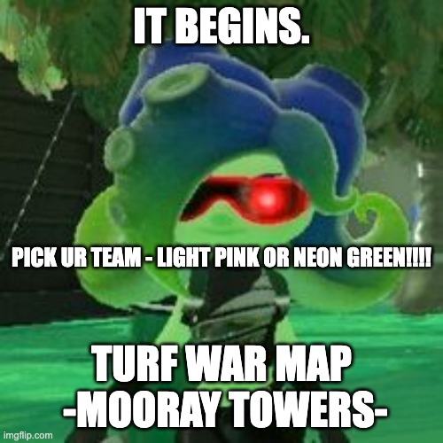 Sanitized Octoling | IT BEGINS. PICK UR TEAM - LIGHT PINK OR NEON GREEN!!!! TURF WAR MAP  -MOORAY TOWERS- | image tagged in sanitized octoling | made w/ Imgflip meme maker