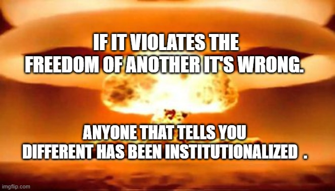 TRUTH BOMB | IF IT VIOLATES THE FREEDOM OF ANOTHER IT'S WRONG. ANYONE THAT TELLS YOU DIFFERENT HAS BEEN INSTITUTIONALIZED  . | image tagged in truth bomb | made w/ Imgflip meme maker