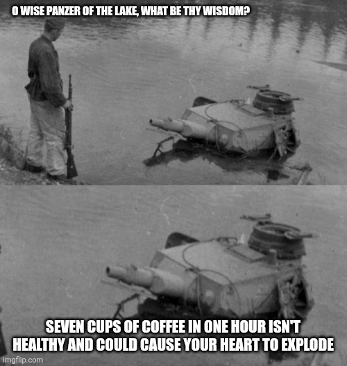 Too much coffee? Nonsense | O WISE PANZER OF THE LAKE, WHAT BE THY WISDOM? SEVEN CUPS OF COFFEE IN ONE HOUR ISN'T HEALTHY AND COULD CAUSE YOUR HEART TO EXPLODE | image tagged in panzer of the lake | made w/ Imgflip meme maker