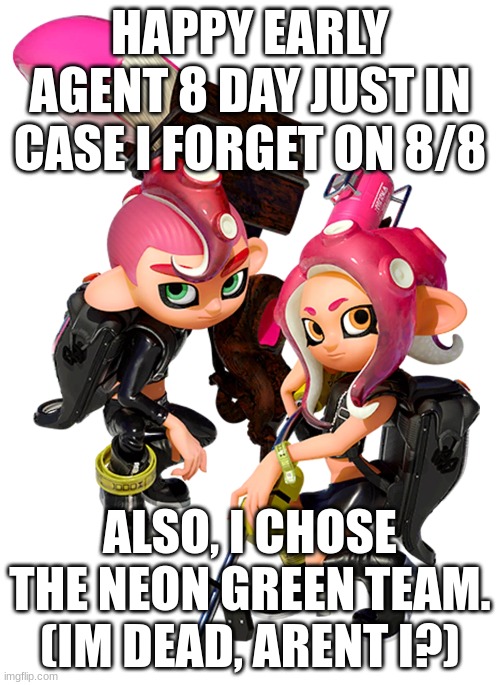 Doing it early bc why not | HAPPY EARLY AGENT 8 DAY JUST IN CASE I FORGET ON 8/8; ALSO, I CHOSE THE NEON GREEN TEAM. (IM DEAD, ARENT I?) | image tagged in octoling boy and girl | made w/ Imgflip meme maker