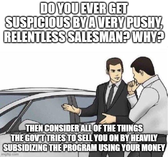 Car Salesman *slaps roof of car* | DO YOU EVER GET SUSPICIOUS BY A VERY PUSHY, RELENTLESS SALESMAN? WHY? THEN CONSIDER ALL OF THE THINGS THE GOV'T TRIES TO SELL YOU ON BY HEAVILY SUBSIDIZING THE PROGRAM USING YOUR MONEY | image tagged in car salesman slaps roof of car | made w/ Imgflip meme maker