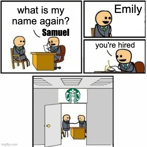 You're hired | Emily; what is my name again? Samuel; you're hired | image tagged in you're hired | made w/ Imgflip meme maker