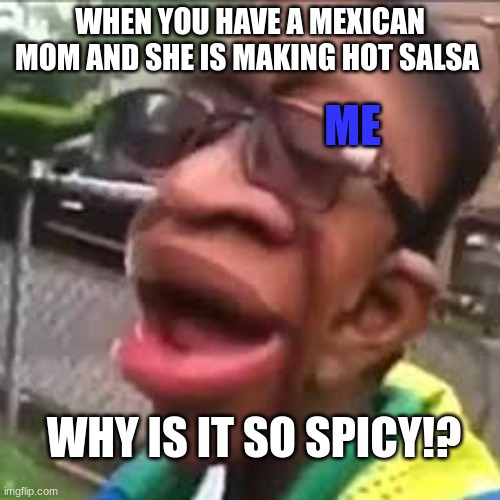 When you have  mexican mom and she make spice chillie | ME; WHEN YOU HAVE A MEXICAN MOM AND SHE IS MAKING HOT SALSA; WHY IS IT SO SPICY!? | image tagged in alison,mexican | made w/ Imgflip meme maker