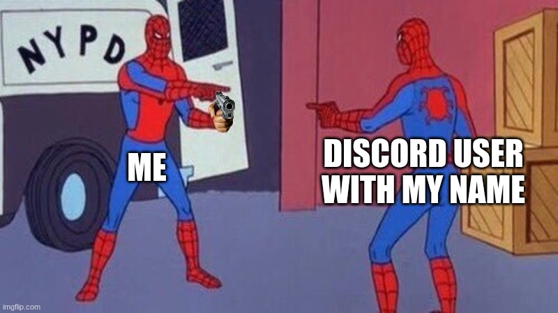 spiderman pointing at spiderman | DISCORD USER WITH MY NAME; ME | image tagged in spiderman pointing at spiderman | made w/ Imgflip meme maker