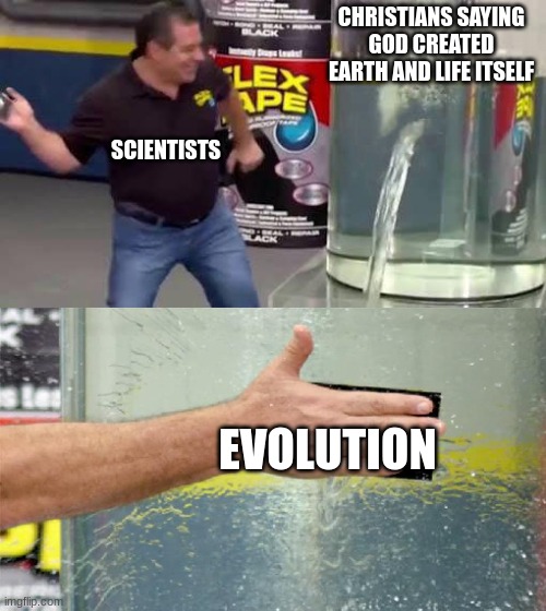 the christians be flabberghasted | CHRISTIANS SAYING GOD CREATED EARTH AND LIFE ITSELF; SCIENTISTS; EVOLUTION | image tagged in flex tape | made w/ Imgflip meme maker