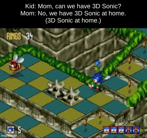 3D Sonic at home | Kid: Mom, can we have 3D Sonic?

Mom: No, we have 3D Sonic at home.

(3D Sonic at home.) | image tagged in sonic | made w/ Imgflip meme maker