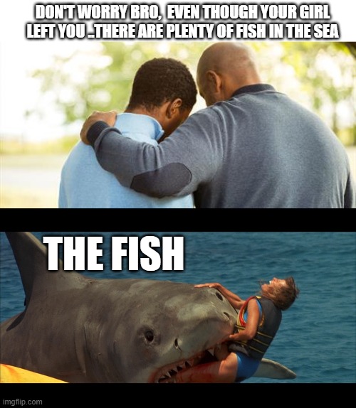 careful out there | DON'T WORRY BRO,  EVEN THOUGH YOUR GIRL LEFT YOU ..THERE ARE PLENTY OF FISH IN THE SEA; THE FISH | image tagged in funny memes,girlfriend,lol so funny,jaws,truth,funny animals | made w/ Imgflip meme maker