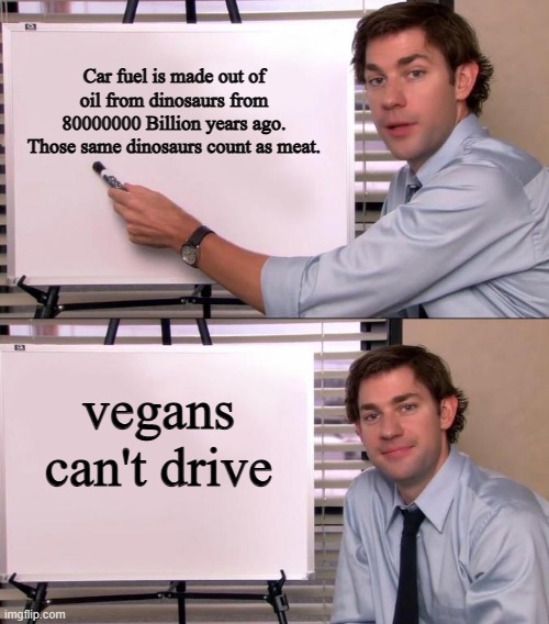 Vegans Can't drive | Car fuel is made out of oil from dinosaurs from 80000000 Billion years ago. Those same dinosaurs count as meat. vegans can't drive | image tagged in jim halpert explains | made w/ Imgflip meme maker