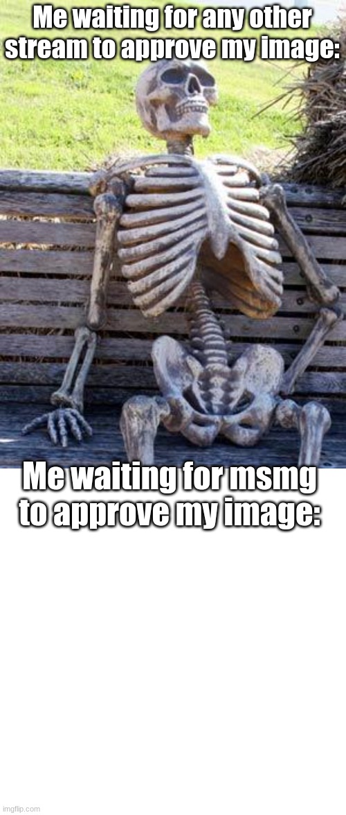 Here's a fun stream ass meme in msmg | Me waiting for any other stream to approve my image:; Me waiting for msmg to approve my image: | image tagged in memes,waiting skeleton,blank transparent square | made w/ Imgflip meme maker