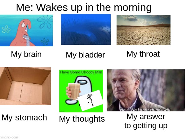isn'tt this relatable tho | Me: Wakes up in the morning; My bladder; My throat; My brain; My answer to getting up; My stomach; My thoughts | image tagged in relatable,amogus,if you read this tag you are cursed | made w/ Imgflip meme maker
