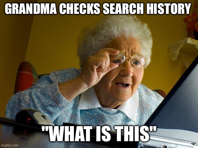 Grandma Finds The Internet | GRANDMA CHECKS SEARCH HISTORY; "WHAT IS THIS" | image tagged in memes,grandma finds the internet | made w/ Imgflip meme maker