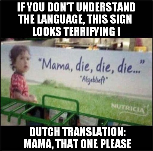 Definitely An Evil Child ! | IF YOU DON'T UNDERSTAND
THE LANGUAGE, THIS SIGN 
LOOKS TERRIFYING ! DUTCH TRANSLATION:
MAMA, THAT ONE PLEASE | image tagged in signs/billboards,dutch,translation,mama,die,dark humour | made w/ Imgflip meme maker