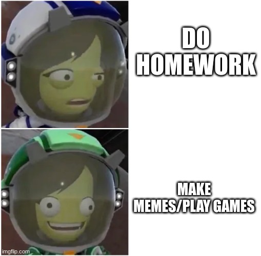 Dont do the homework and follow the game | DO HOMEWORK; MAKE MEMES/PLAY GAMES | image tagged in kerbal confusion | made w/ Imgflip meme maker