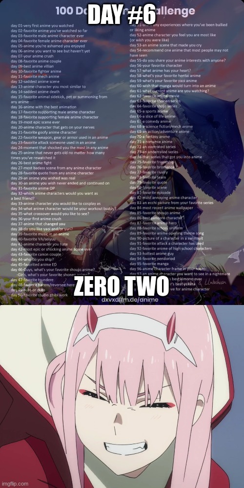 day no6 | DAY #6; ZERO TWO | image tagged in 100 day anime challenge,smiling zero-two | made w/ Imgflip meme maker