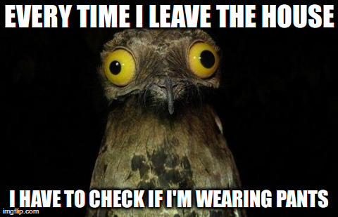 Weird Stuff I Do Potoo | EVERY TIME I LEAVE THE HOUSE I HAVE TO CHECK IF I'M WEARING PANTS | image tagged in memes,weird stuff i do potoo,AdviceAnimals | made w/ Imgflip meme maker