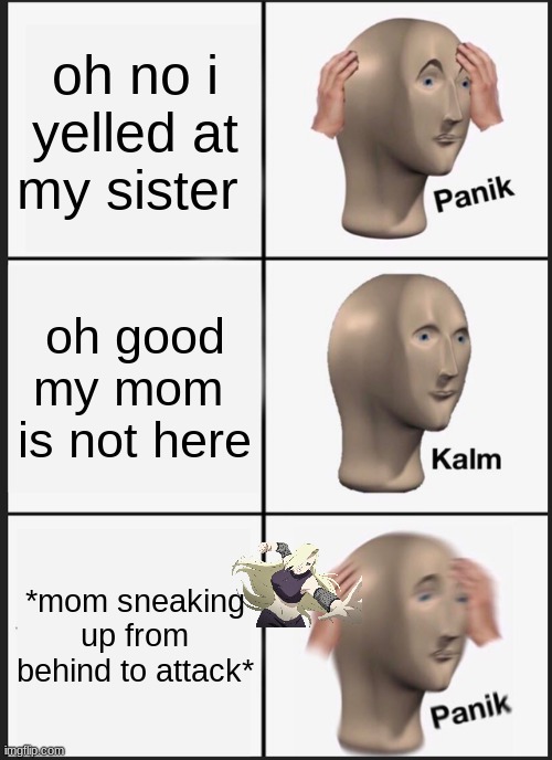Oh no my mom is here | oh no i yelled at my sister; oh good my mom  is not here; *mom sneaking up from behind to attack* | image tagged in memes,panik kalm panik | made w/ Imgflip meme maker
