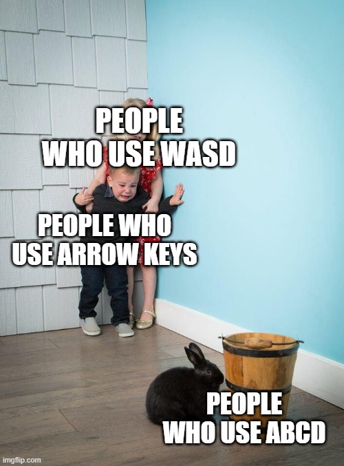 It doesnt matter what u use as long as it's easy | PEOPLE WHO USE WASD; PEOPLE WHO USE ARROW KEYS; PEOPLE WHO USE ABCD | image tagged in kids afraid of rabbit,keyboard,pc,memes,wasd,gaming | made w/ Imgflip meme maker