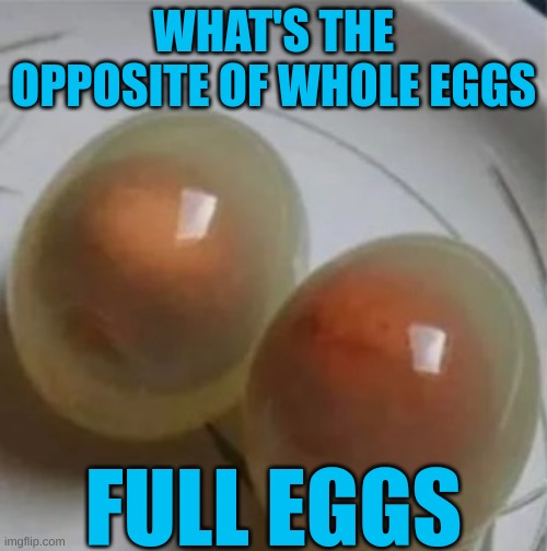 WHAT'S THE OPPOSITE OF WHOLE EGGS; FULL EGGS | image tagged in memes,funny,eyeroll | made w/ Imgflip meme maker