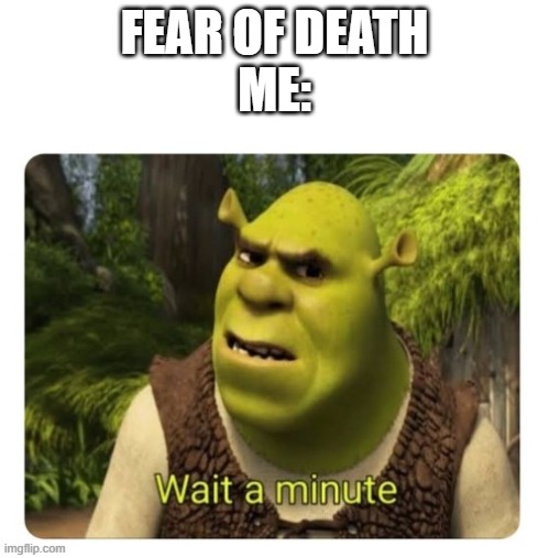 Shrek Wait a Minute | FEAR OF DEATH
ME: | image tagged in shrek wait a minute | made w/ Imgflip meme maker