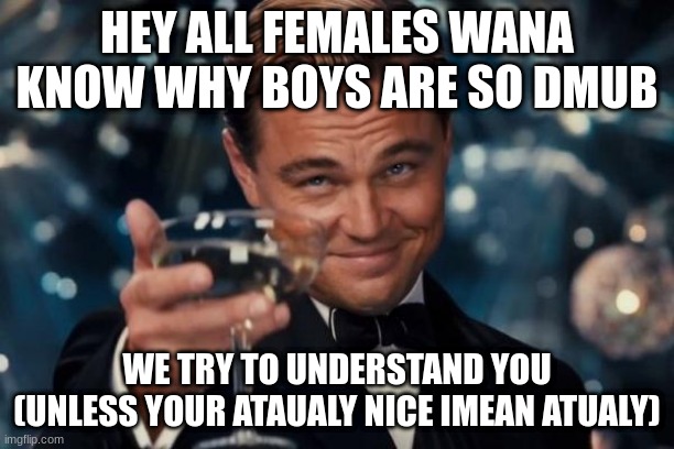 Leonardo Dicaprio Cheers | HEY ALL FEMALES WANA KNOW WHY BOYS ARE SO DMUB; WE TRY TO UNDERSTAND YOU (UNLESS YOUR ATAUALY NICE IMEAN ATUALY) | image tagged in memes,leonardo dicaprio cheers | made w/ Imgflip meme maker