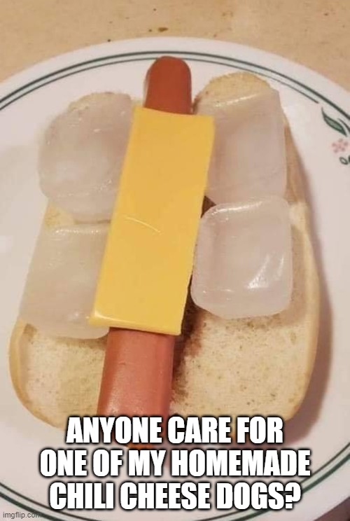 Funnies | ANYONE CARE FOR ONE OF MY HOMEMADE CHILI CHEESE DOGS? | image tagged in funny memes | made w/ Imgflip meme maker