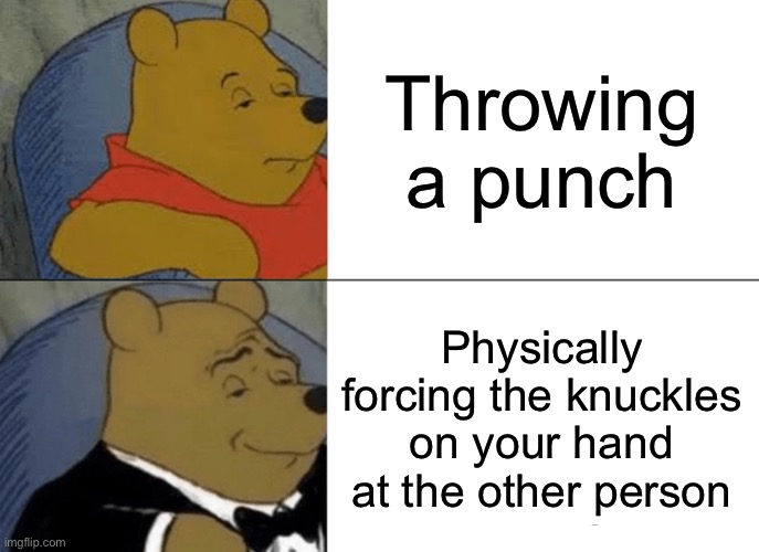 Nice… | Throwing a punch; Physically forcing the knuckles on your hand at the other person | image tagged in memes,tuxedo winnie the pooh | made w/ Imgflip meme maker