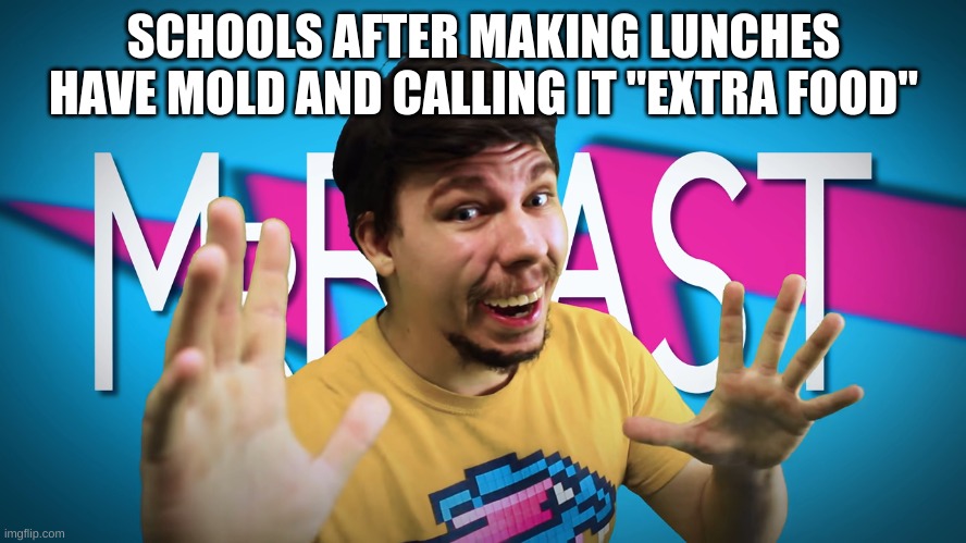 Fake MrBeast | SCHOOLS AFTER MAKING LUNCHES HAVE MOLD AND CALLING IT "EXTRA FOOD" | image tagged in fake mrbeast | made w/ Imgflip meme maker