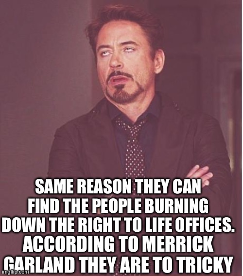 Face You Make Robert Downey Jr Meme | ACCORDING TO MERRICK GARLAND THEY ARE TO TRICKY SAME REASON THEY CAN FIND THE PEOPLE BURNING DOWN THE RIGHT TO LIFE OFFICES. | image tagged in memes,face you make robert downey jr | made w/ Imgflip meme maker