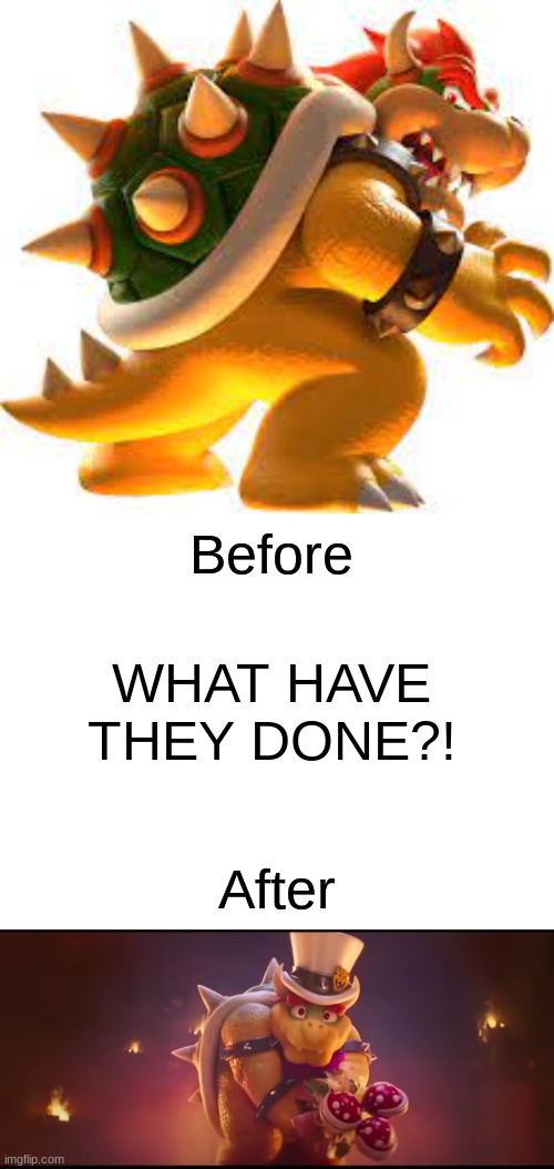 what have they done to bowser?! | Before; WHAT HAVE THEY DONE?! After | image tagged in mario,bowser,before and after,funny | made w/ Imgflip meme maker