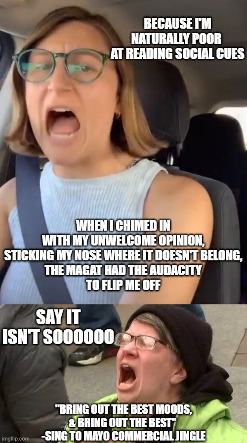 Sort of fun watching both extreme sides go at it so impolitely | BECAUSE I'M NATURALLY POOR 
AT READING SOCIAL CUES; WHEN I CHIMED IN
WITH MY UNWELCOME OPINION,
STICKING MY NOSE WHERE IT DOESN'T BELONG,
THE MAGAT HAD THE AUDACITY
TO FLIP ME OFF; SAY IT ISN'T SOOOOOO; "BRING OUT THE BEST MOODS,
& BRING OUT THE BEST" 
-SING TO MAYO COMMERCIAL JINGLE | image tagged in liberal feminist meltdown,screaming trump protester at inauguration,nevertrump,blank red maga hat,adam schiff,kamala harris | made w/ Imgflip meme maker