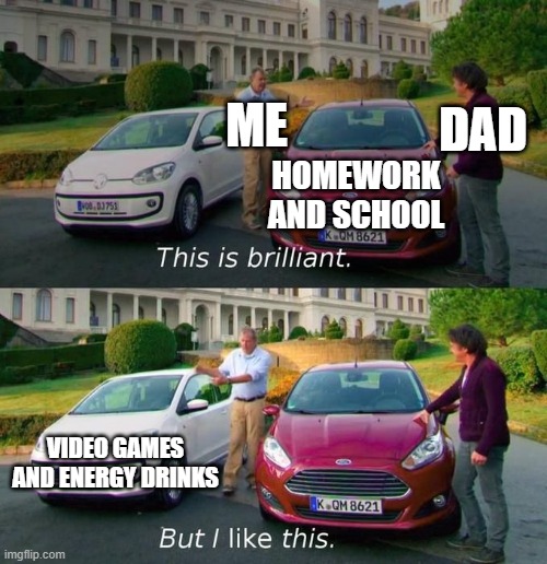 me literally everyday | ME; DAD; HOMEWORK AND SCHOOL; VIDEO GAMES AND ENERGY DRINKS | image tagged in this is brilliant but i like this,school,funny memes | made w/ Imgflip meme maker