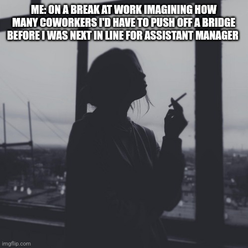 ME: ON A BREAK AT WORK IMAGINING HOW MANY COWORKERS I'D HAVE TO PUSH OFF A BRIDGE BEFORE I WAS NEXT IN LINE FOR ASSISTANT MANAGER | image tagged in funny memes | made w/ Imgflip meme maker