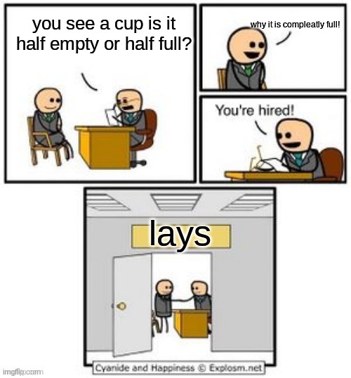 Lays chips | why it is compleatly full! you see a cup is it half empty or half full? lays | image tagged in your hired | made w/ Imgflip meme maker