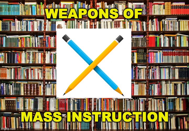 WALL OF BOOKS, LIBRARY | WEAPONS OF MASS INSTRUCTION | image tagged in wall of books library | made w/ Imgflip meme maker