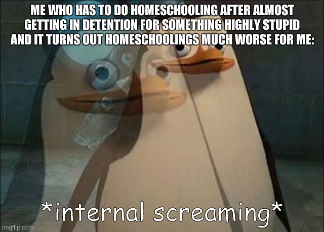 Private Internal Screaming | ME WHO HAS TO DO HOMESCHOOLING AFTER ALMOST GETTING IN DETENTION FOR SOMETHING HIGHLY STUPID AND IT TURNS OUT HOMESCHOOLINGS MUCH WORSE FOR  | image tagged in private internal screaming | made w/ Imgflip meme maker