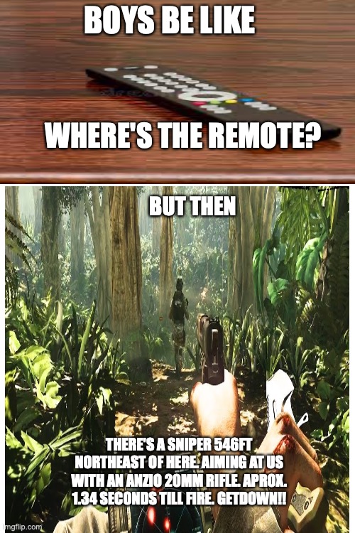 True facts | BOYS BE LIKE; WHERE'S THE REMOTE? BUT THEN; THERE'S A SNIPER 546FT NORTHEAST OF HERE. AIMING AT US WITH AN ANZIO 20MM RIFLE. APROX. 1.34 SECONDS TILL FIRE. GETDOWN!! | image tagged in boys | made w/ Imgflip meme maker