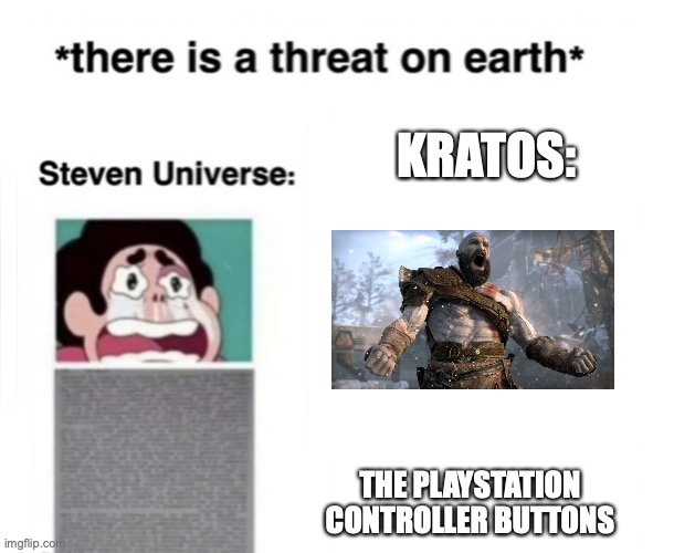 *There is a threat on earth* | KRATOS:; THE PLAYSTATION CONTROLLER BUTTONS | image tagged in there is a threat on earth | made w/ Imgflip meme maker