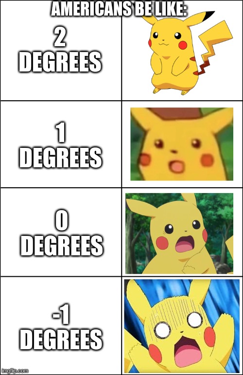 seriously though | 2 DEGREES; AMERICANS BE LIKE:; 1 DEGREES; 0 DEGREES; -1 DEGREES | image tagged in horror pikachu | made w/ Imgflip meme maker