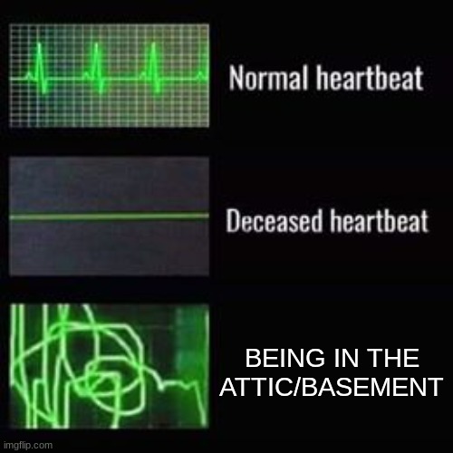They creep the heck out of me | BEING IN THE ATTIC/BASEMENT | image tagged in heartbeat rate,attic,basement | made w/ Imgflip meme maker