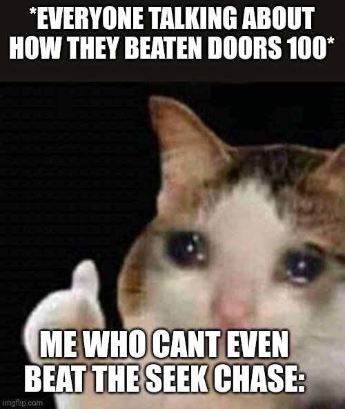sad thumbs up cat | *EVERYONE TALKING ABOUT HOW THEY BEATEN DOORS 100*; ME WHO CANT EVEN BEAT THE SEEK CHASE: | image tagged in sad thumbs up cat | made w/ Imgflip meme maker