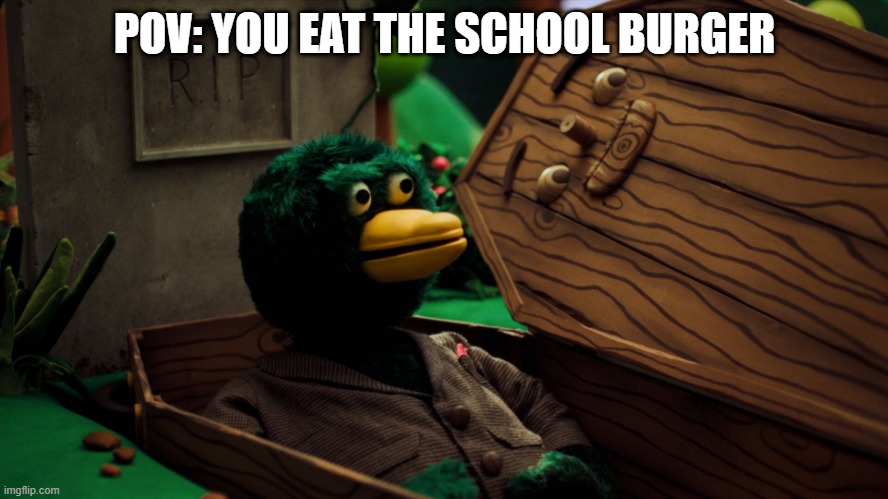 That school burger | POV: YOU EAT THE SCHOOL BURGER | image tagged in duck in a coffin | made w/ Imgflip meme maker