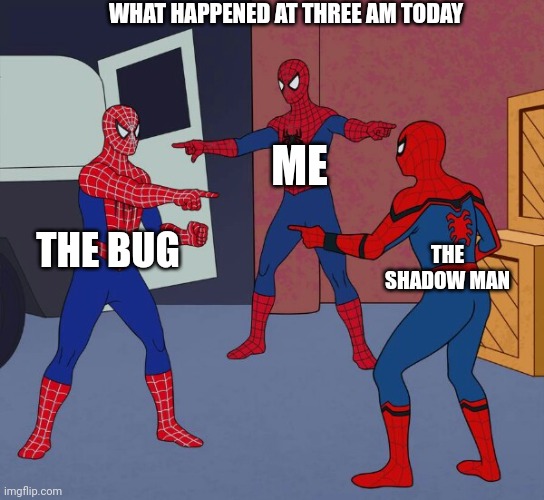 Help this happened to me T___T | WHAT HAPPENED AT THREE AM TODAY; ME; THE BUG; THE SHADOW MAN | image tagged in spider man triple,cockroach,creepy guy | made w/ Imgflip meme maker