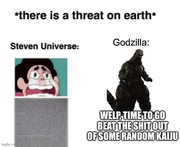 *There is a threat on earth* | Godzilla:; WELP, TIME TO GO BEAT THE SHIT OUT OF SOME RANDOM KAIJU | image tagged in there is a threat on earth,godzilla,godzilla vs kong,ah shit here we go again | made w/ Imgflip meme maker