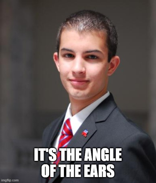 College Conservative  | IT'S THE ANGLE
OF THE EARS | image tagged in college conservative | made w/ Imgflip meme maker