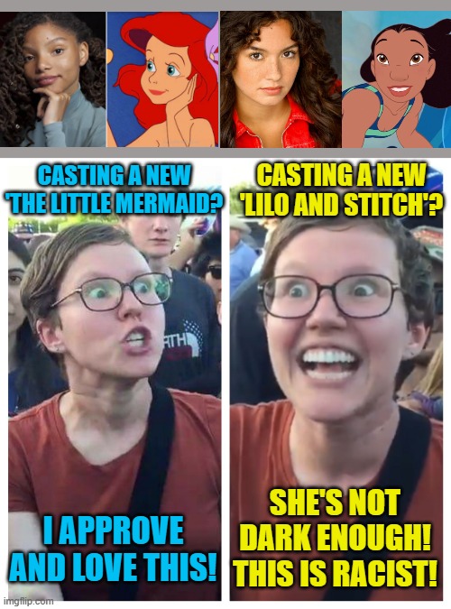 Remember when some guy said judged not by the color of their skin? Liberals don't remember... | CASTING A NEW 'LILO AND STITCH'? CASTING A NEW 'THE LITTLE MERMAID? I APPROVE AND LOVE THIS! SHE'S NOT DARK ENOUGH! THIS IS RACIST! | image tagged in social justice warrior hypocrisy,racism,liberal logic | made w/ Imgflip meme maker
