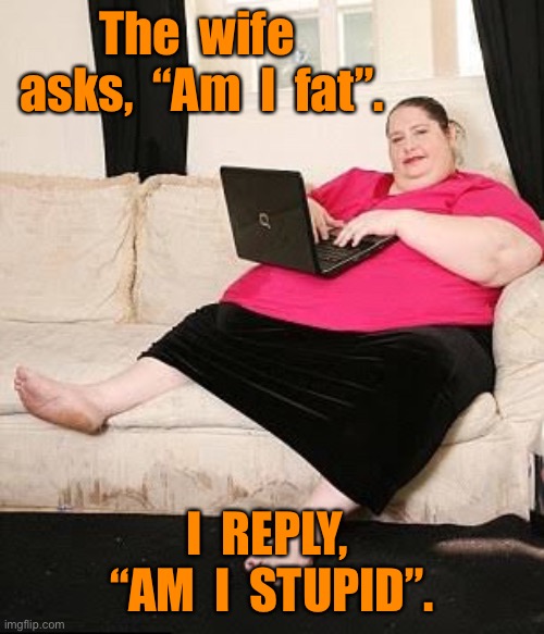 Am I fat | The  wife  asks,  “Am  I  fat”. I  REPLY,  “AM  I  STUPID”. | image tagged in fat woman,am i fat,am i stupid,should i tell the truth | made w/ Imgflip meme maker