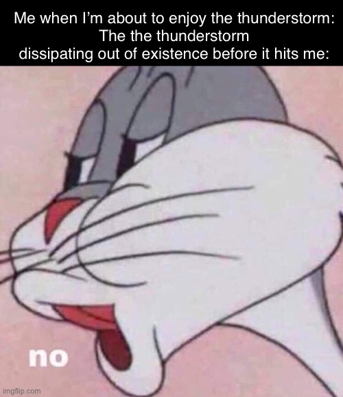This happens to me all of the time. For example TOdAy | Me when I’m about to enjoy the thunderstorm:
The the thunderstorm dissipating out of existence before it hits me: | image tagged in no | made w/ Imgflip meme maker
